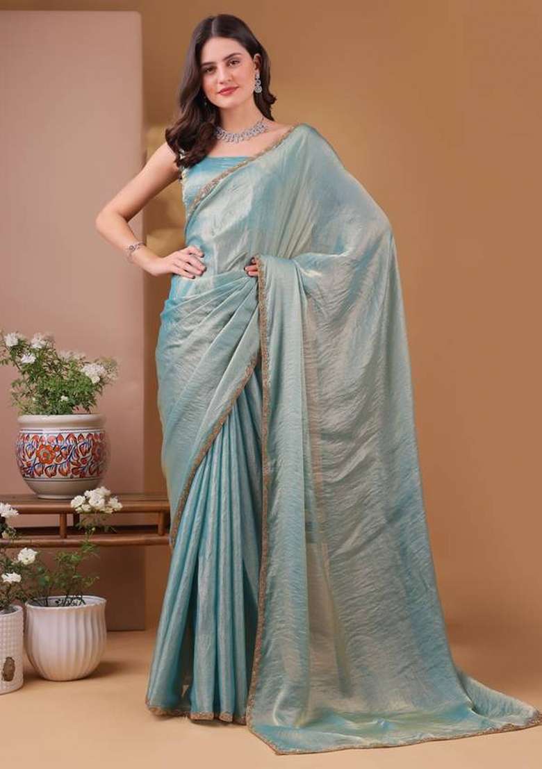 Light Rama Green Handwork Lace Fendy Chiffon Saree Set - Indya