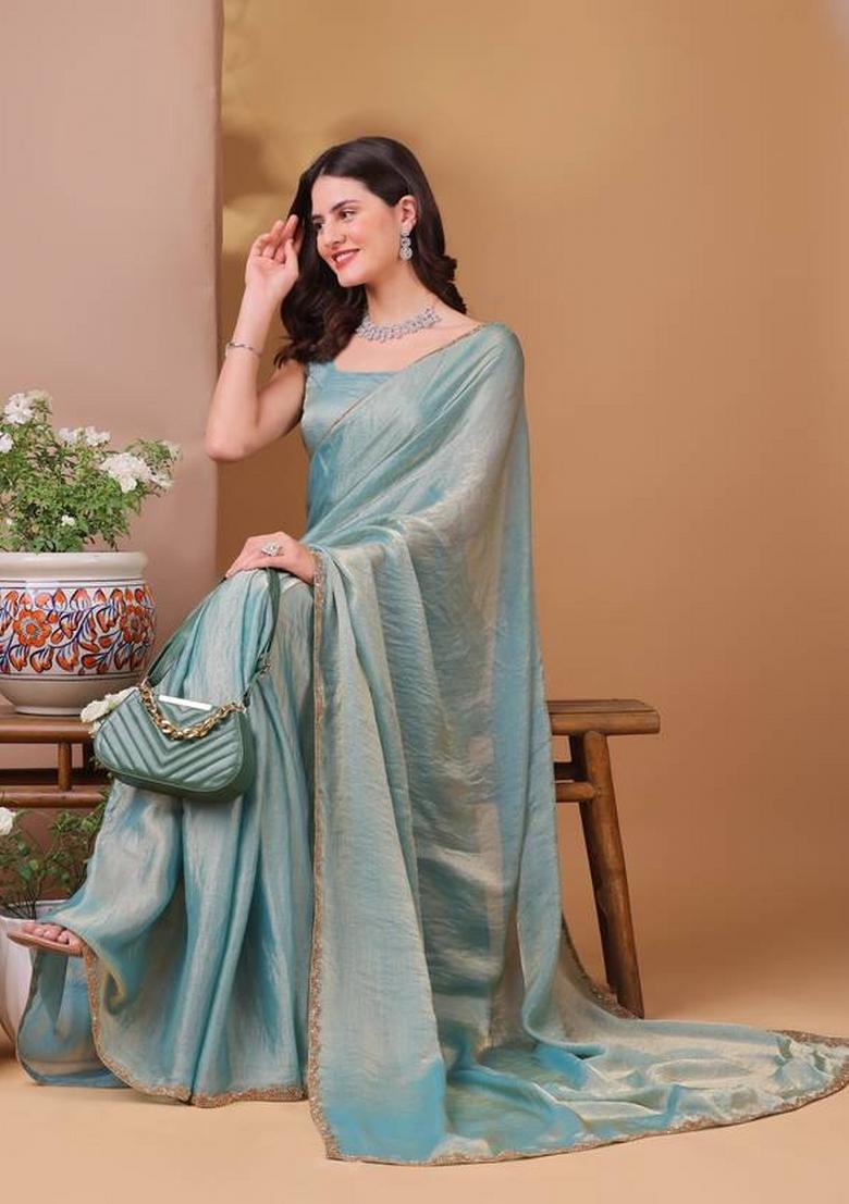 Light Rama Green Handwork Lace Fendy Chiffon Saree Set