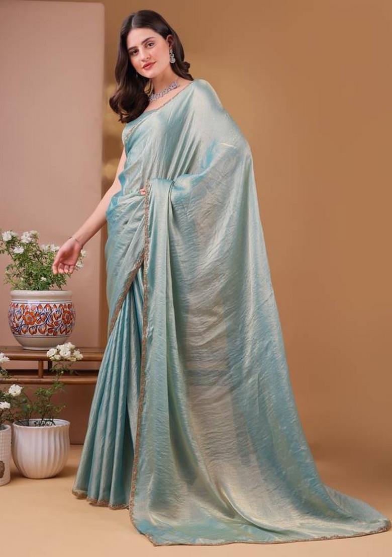 Light Rama Green Handwork Lace Fendy Chiffon Saree Set