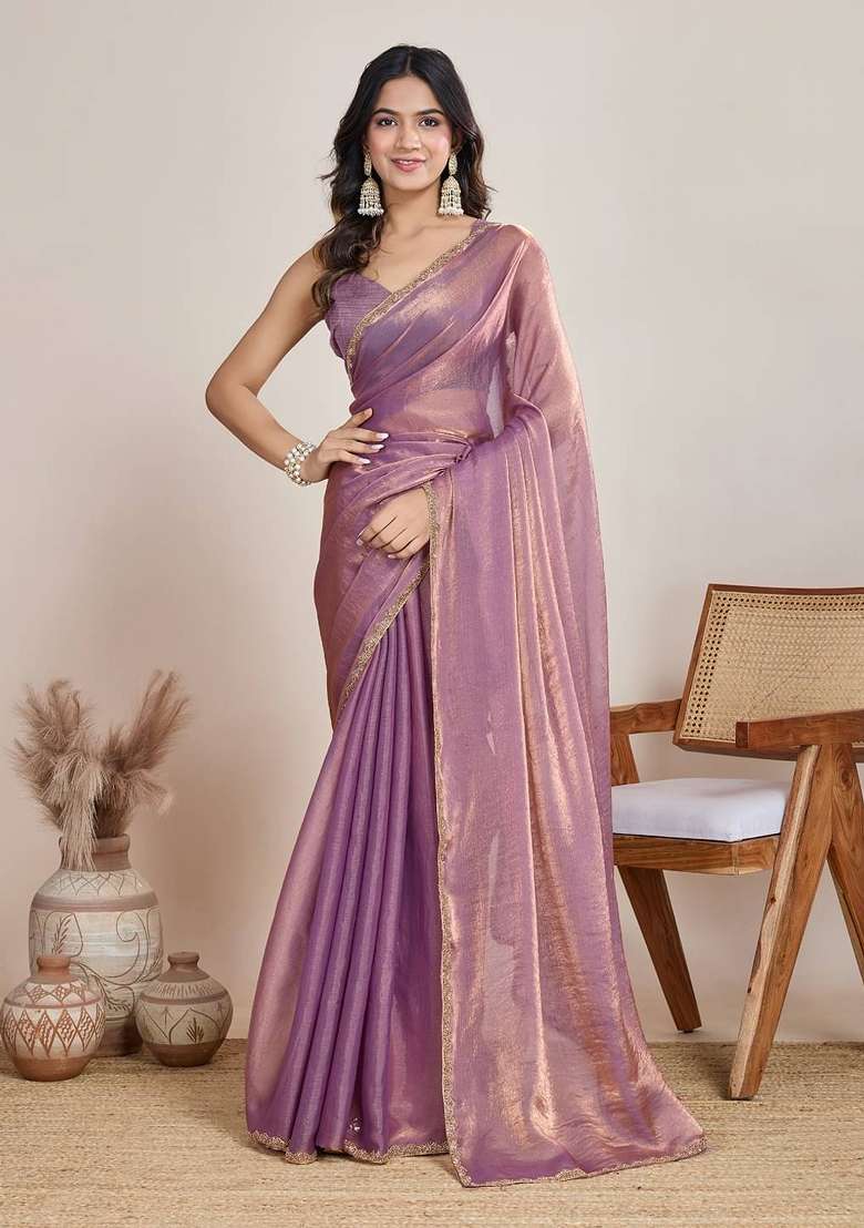 Lilac Handwork Lace Fendy Chiffon Saree Set - Indya