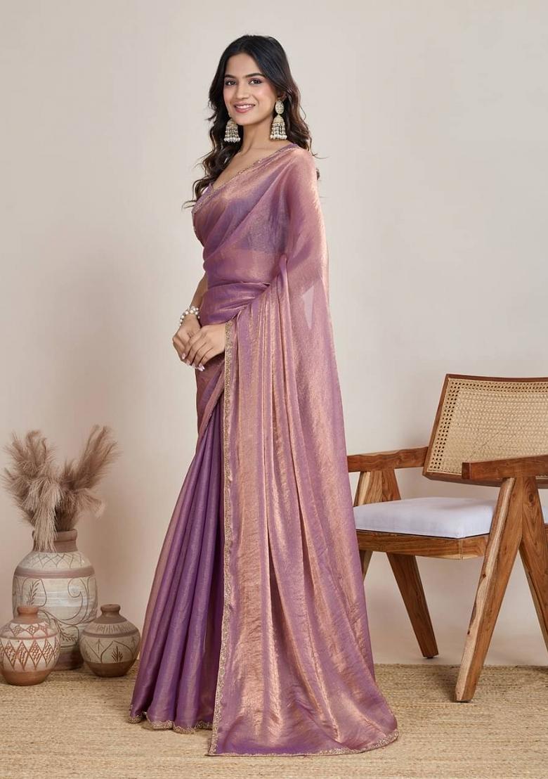 Lilac Handwork Lace Fendy Chiffon Saree Set