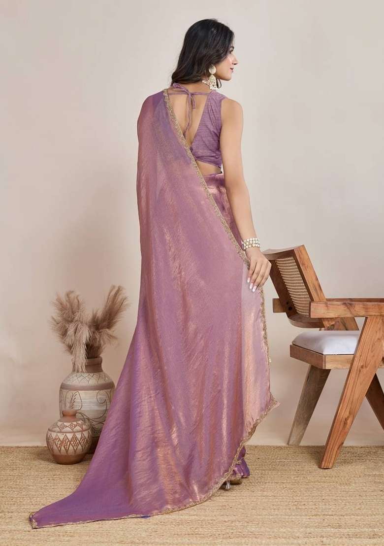 Lilac Handwork Lace Fendy Chiffon Saree Set - Indya