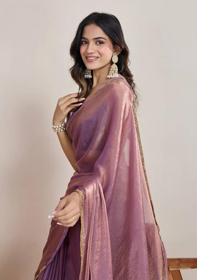 Lilac Handwork Lace Fendy Chiffon Saree Set