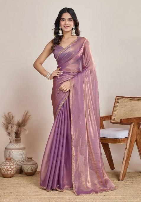 Lilac Handwork Lace Fendy Chiffon Saree Set