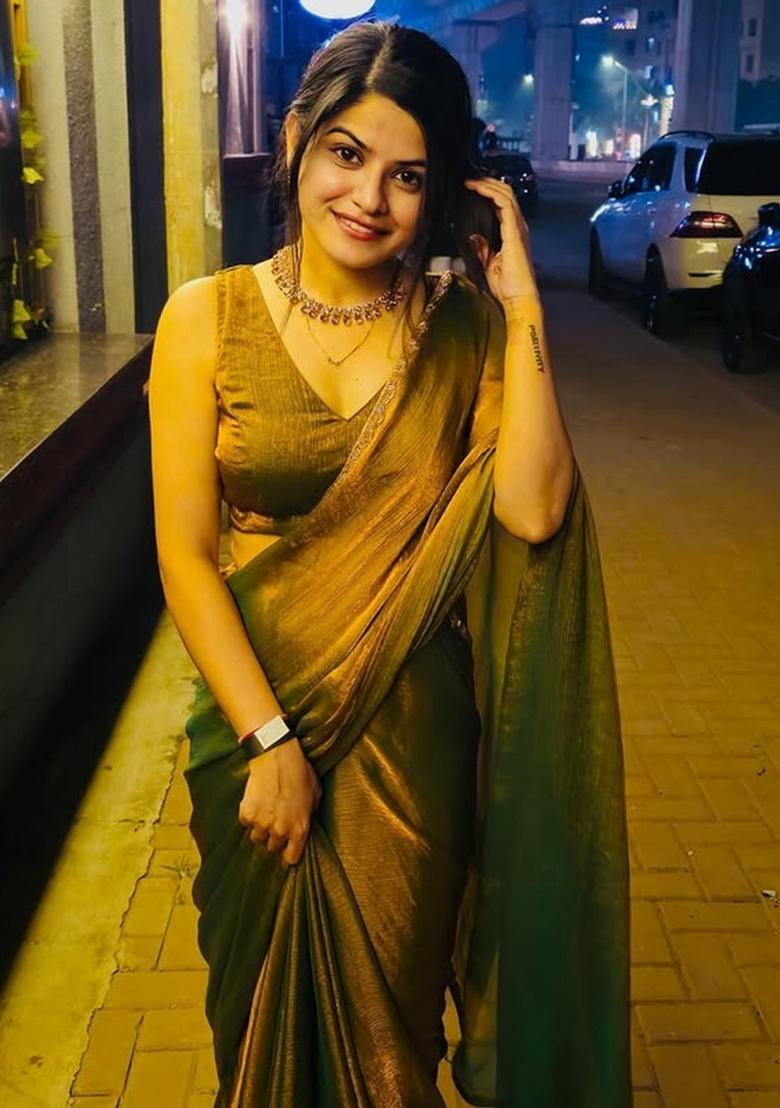 Green Gold Handwork Lace Fendy Chiffon Saree Set