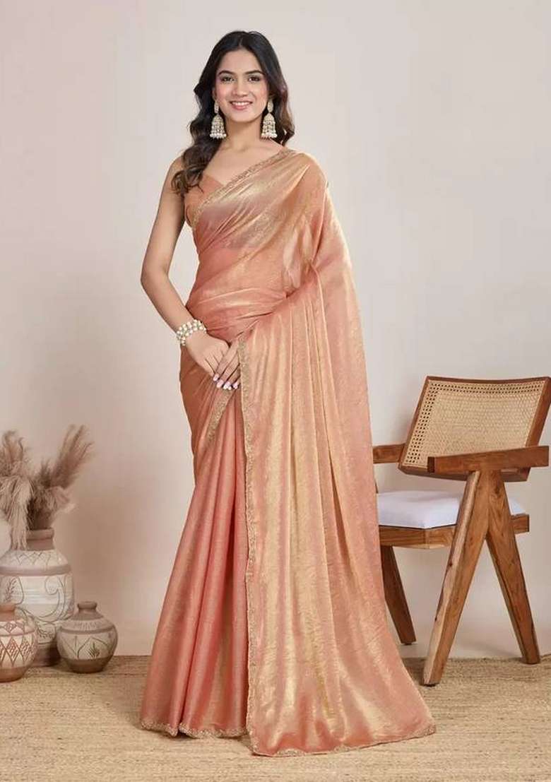 Peach Handwork Lace Fendy Chiffon Saree Set - Indya