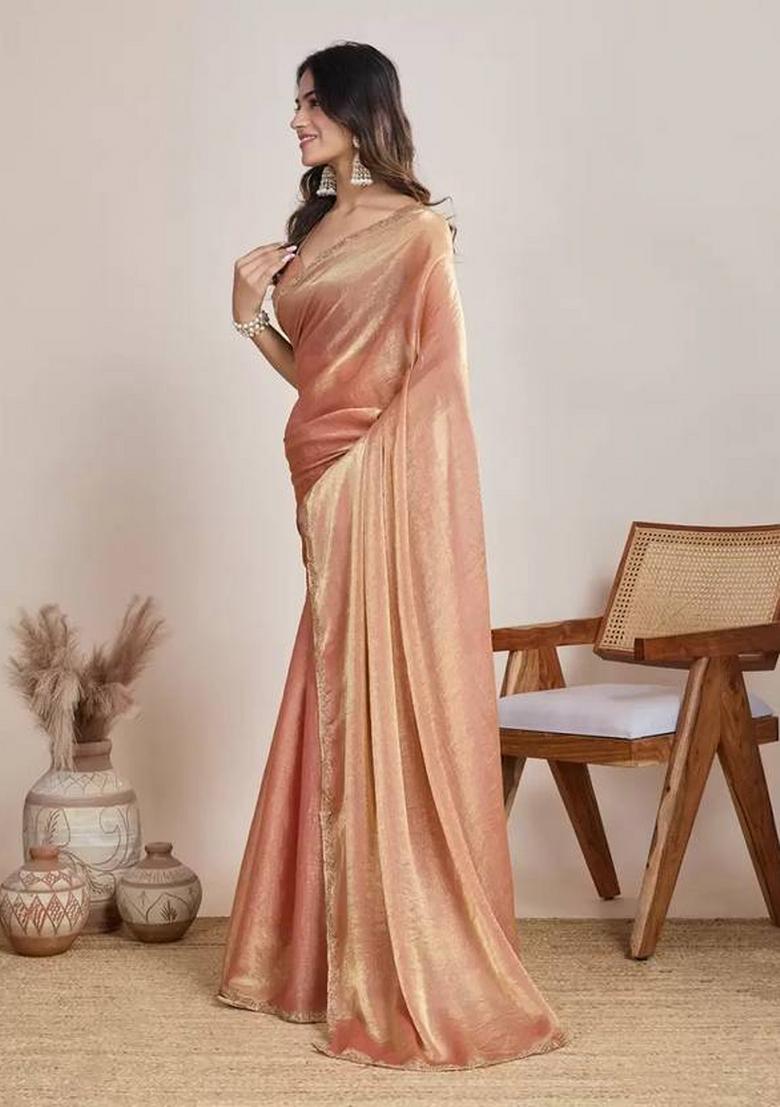 Peach Handwork Lace Fendy Chiffon Saree Set
