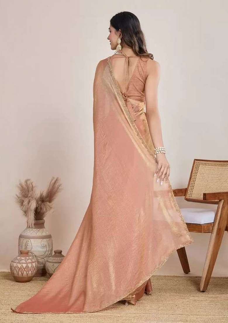 Peach Handwork Lace Fendy Chiffon Saree Set - Indya