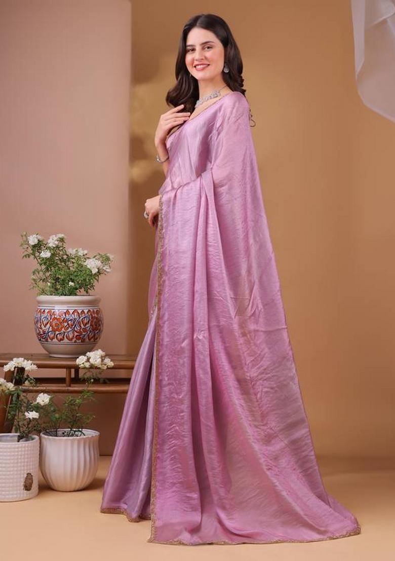 Purple Handwork Lace Fendy Chiffon Saree Set