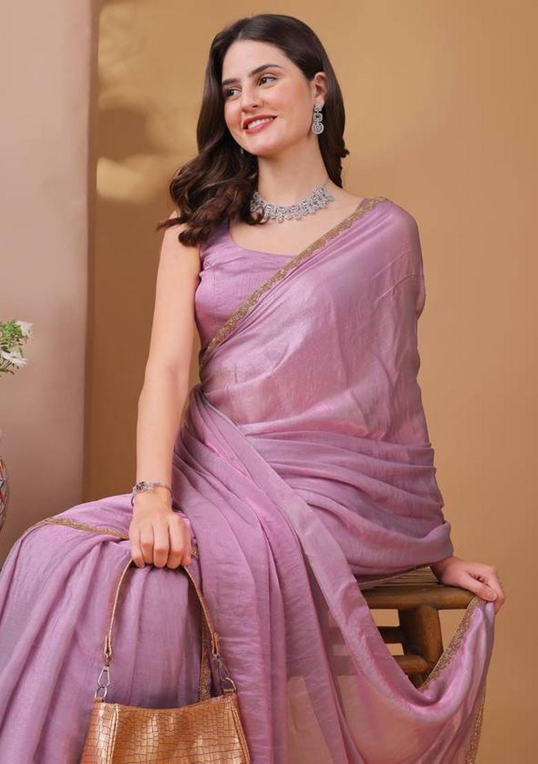 Purple Handwork Lace Fendy Chiffon Saree Set