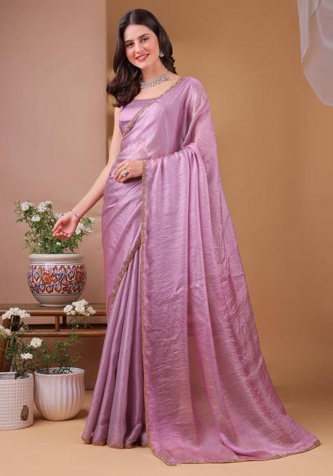 Purple Handwork Lace Fendy Chiffon Saree Set
