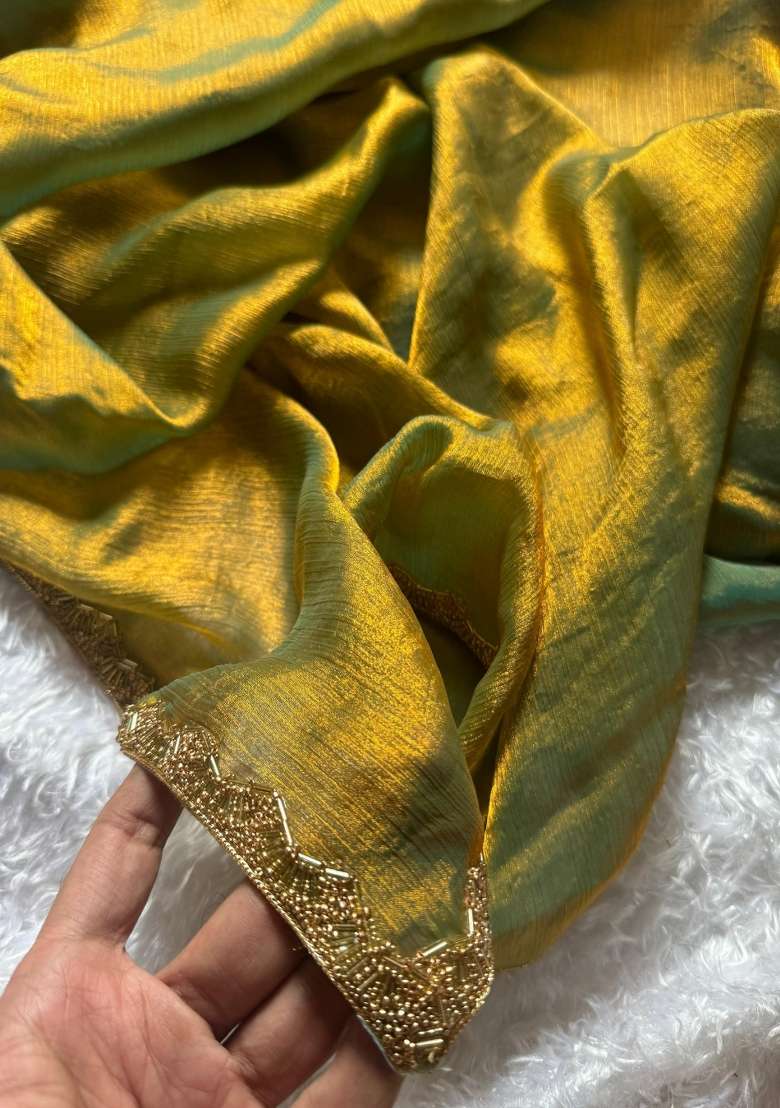 Golden Handwork Lace Fendy Chiffon Saree Set - Indya