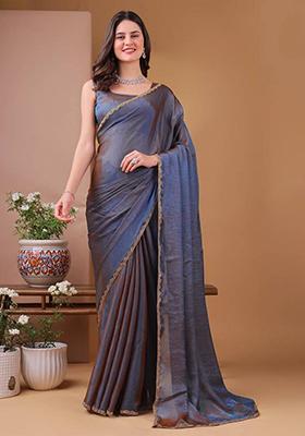 Shiny Blue Handwork Lace Fendy Chiffon Saree Set