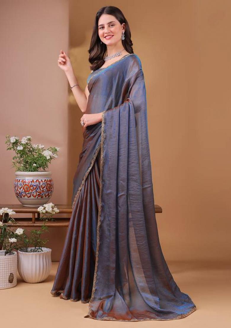 Shiny Blue Handwork Lace Fendy Chiffon Saree Set