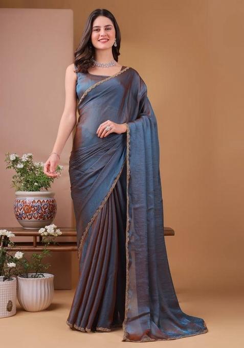 Shiny Blue Handwork Lace Fendy Chiffon Saree Set