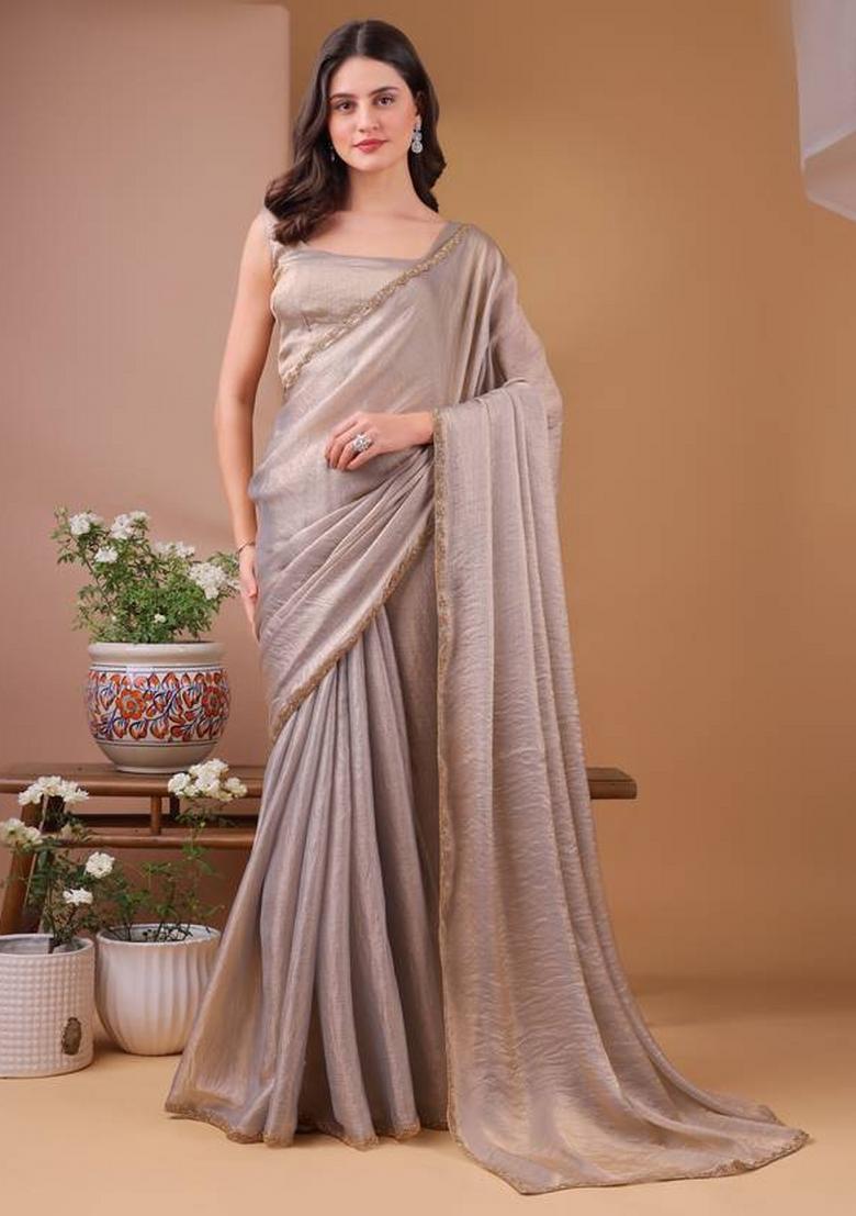 Silver Handwork Lace Fendy Chiffon Saree Set