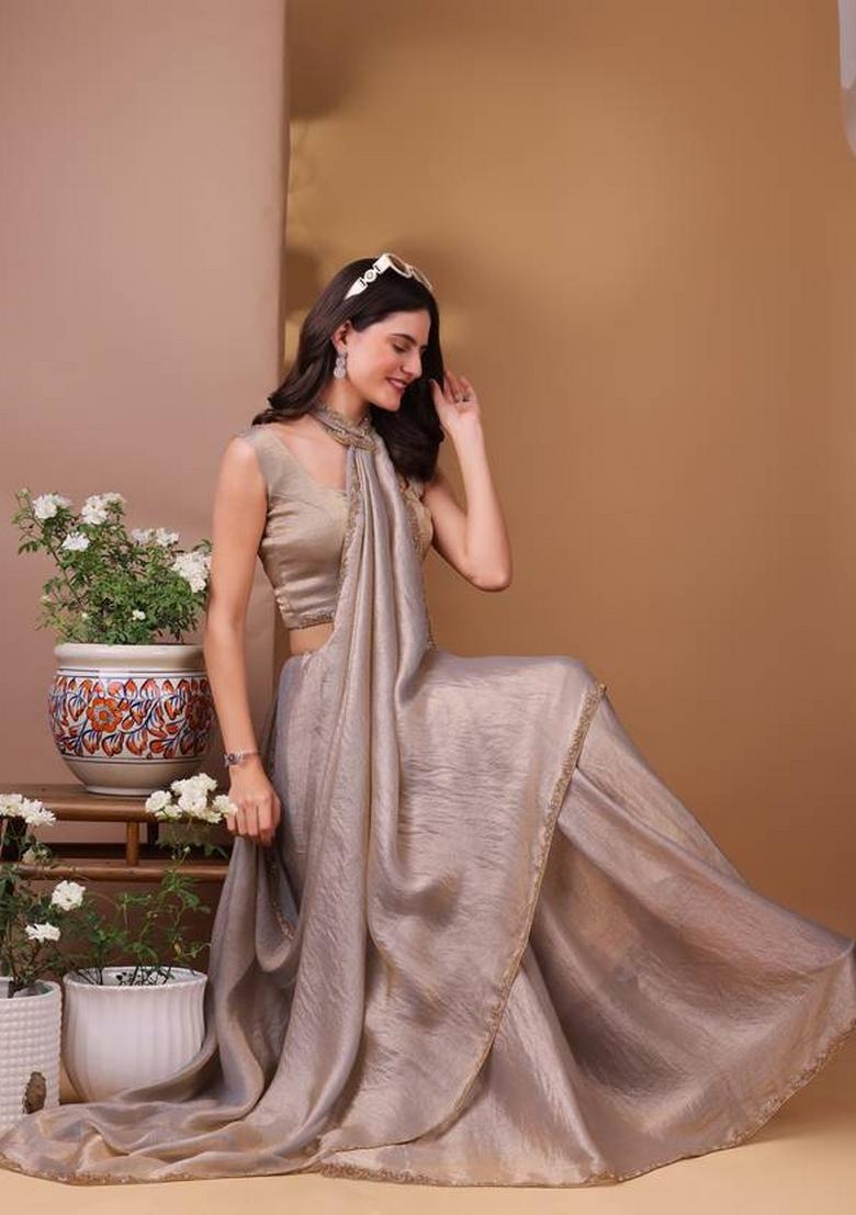 Silver Handwork Lace Fendy Chiffon Saree Set