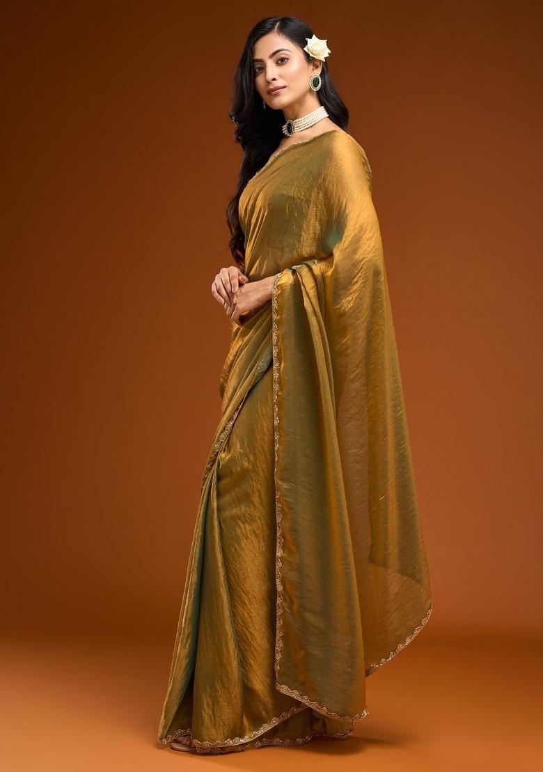 Golden Green Handwork Lace Fendy Chiffon Saree Set