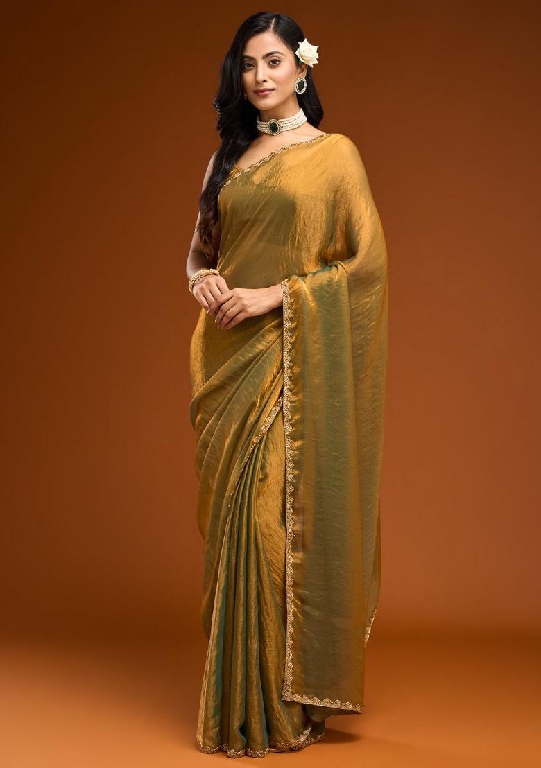 Golden Green Handwork Lace Fendy Chiffon Saree Set
