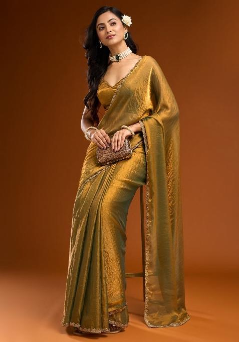 Golden Green Handwork Lace Fendy Chiffon Saree Set