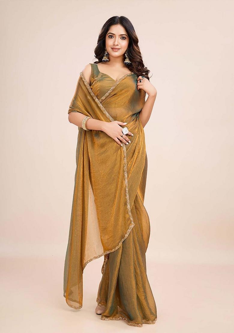 Green Golden Handwork Lace Fendy Chiffon Saree Set