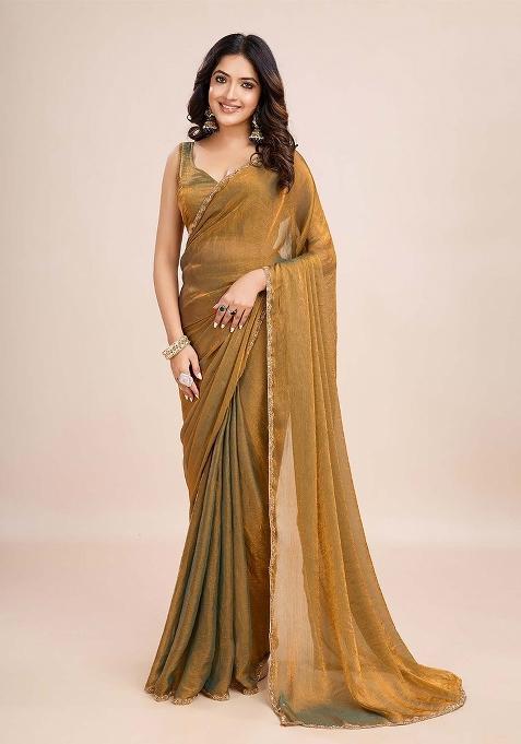 Green Golden Handwork Lace Fendy Chiffon Saree Set
