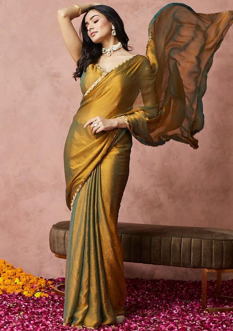 Green Gold Handwork Lace Fendy Chiffon Saree Set