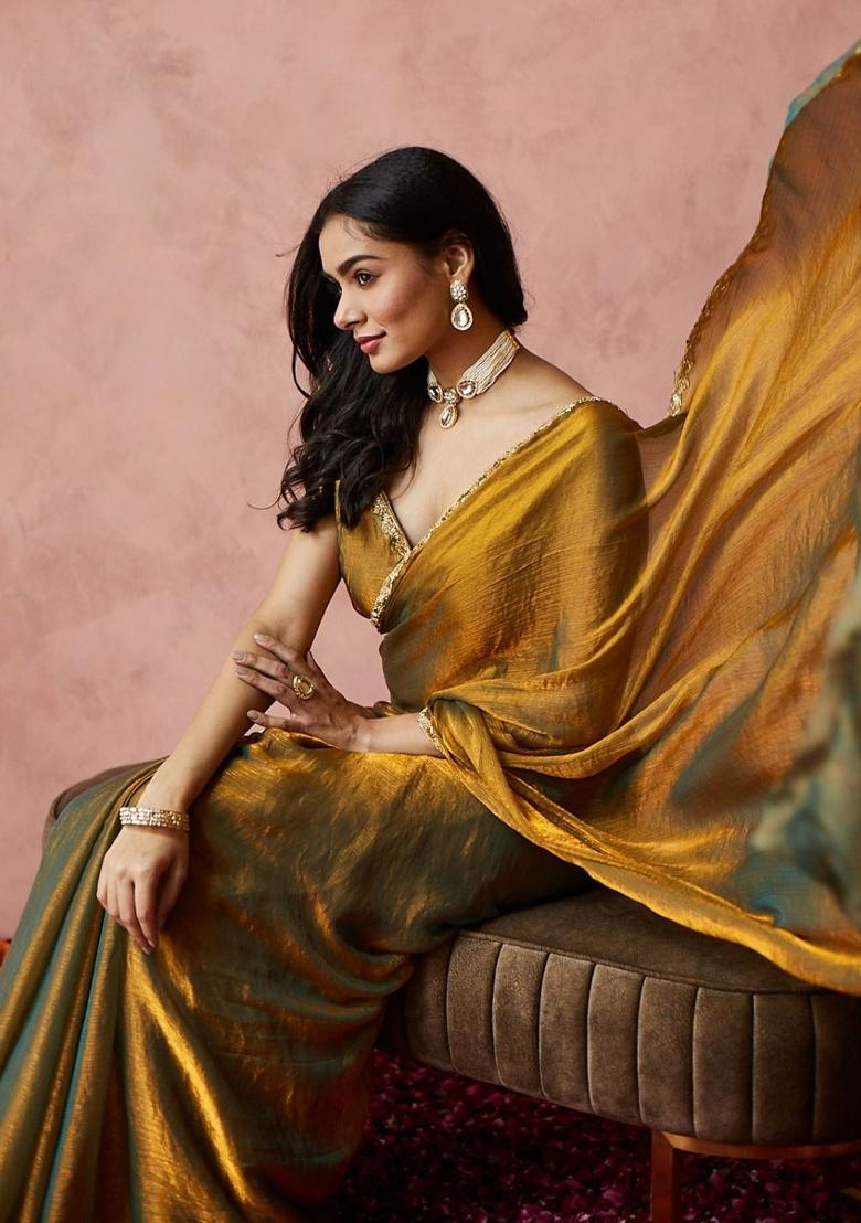 Green Gold Handwork Lace Fendy Chiffon Saree Set