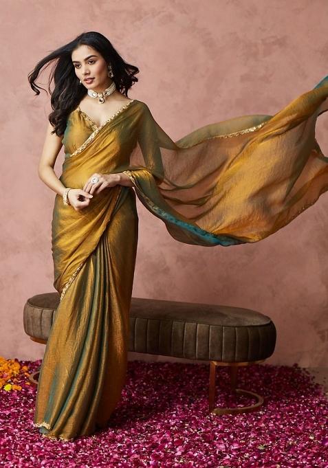 Green Gold Handwork Lace Fendy Chiffon Saree Set