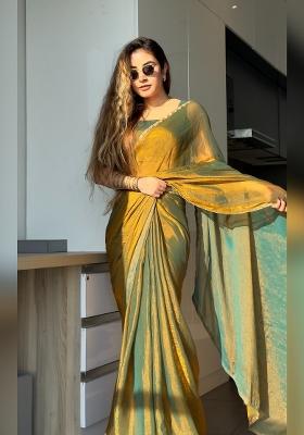 Gold Green Handwork Lace Fendy Chiffon Saree Set