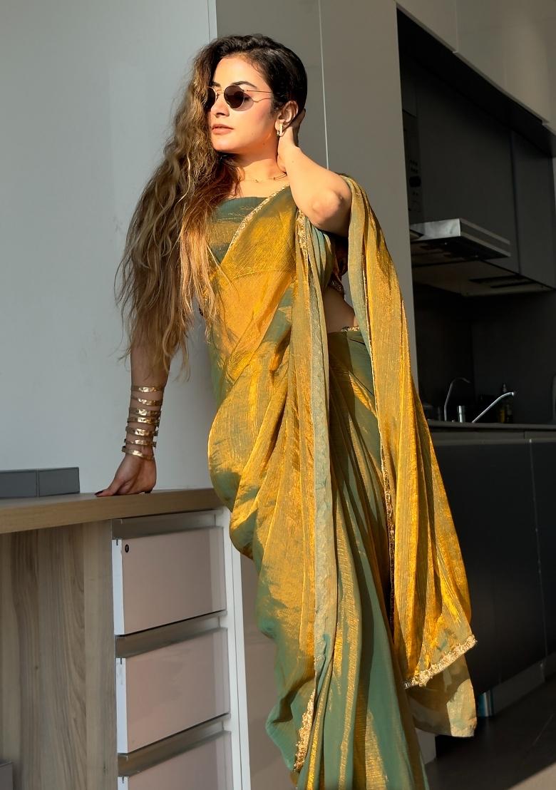 Gold Green Handwork Lace Fendy Chiffon Saree Set