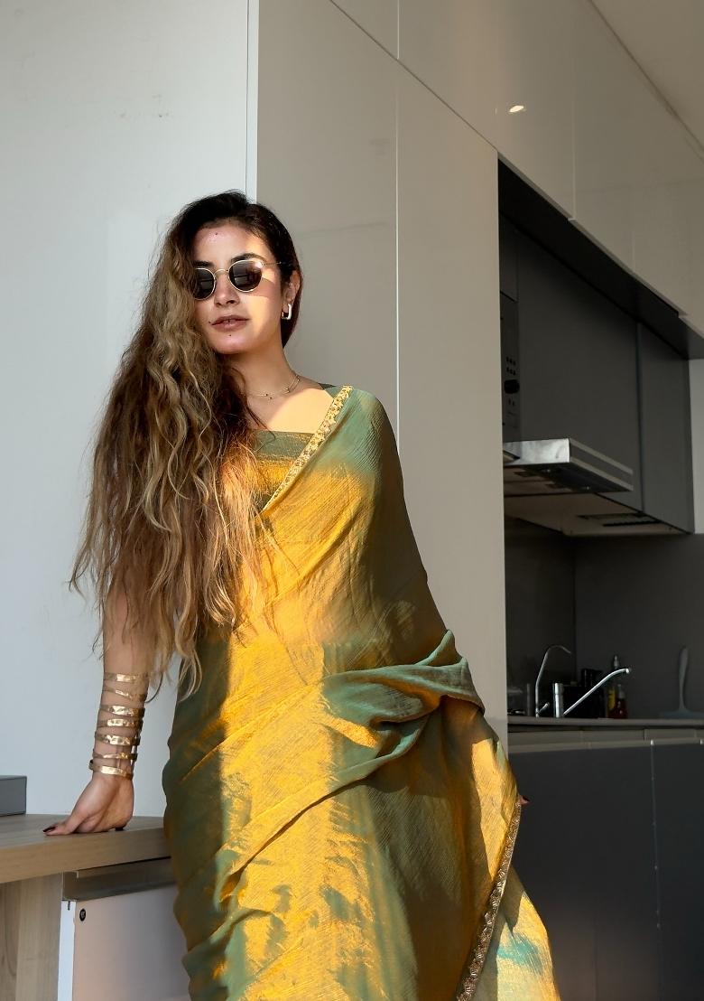 Gold Green Handwork Lace Fendy Chiffon Saree Set