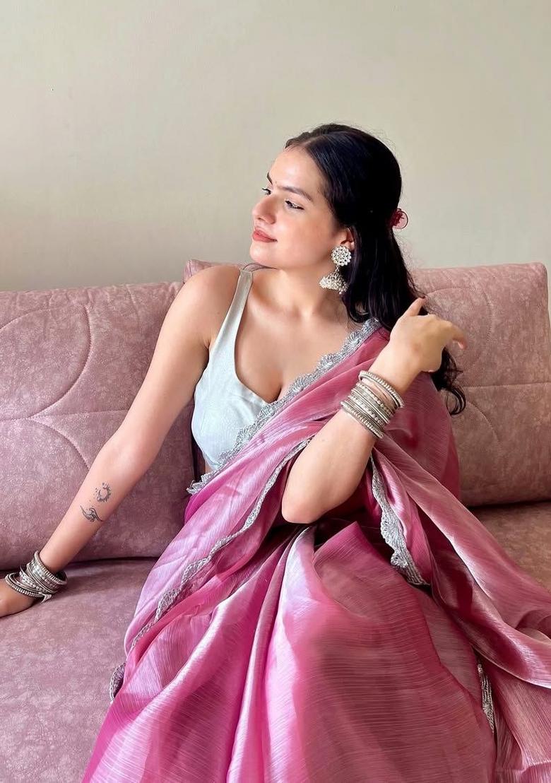 Pink Lace Border Jimmy Choo Saree Set