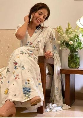 Beige Digital Print Cotton Linen Saree Set