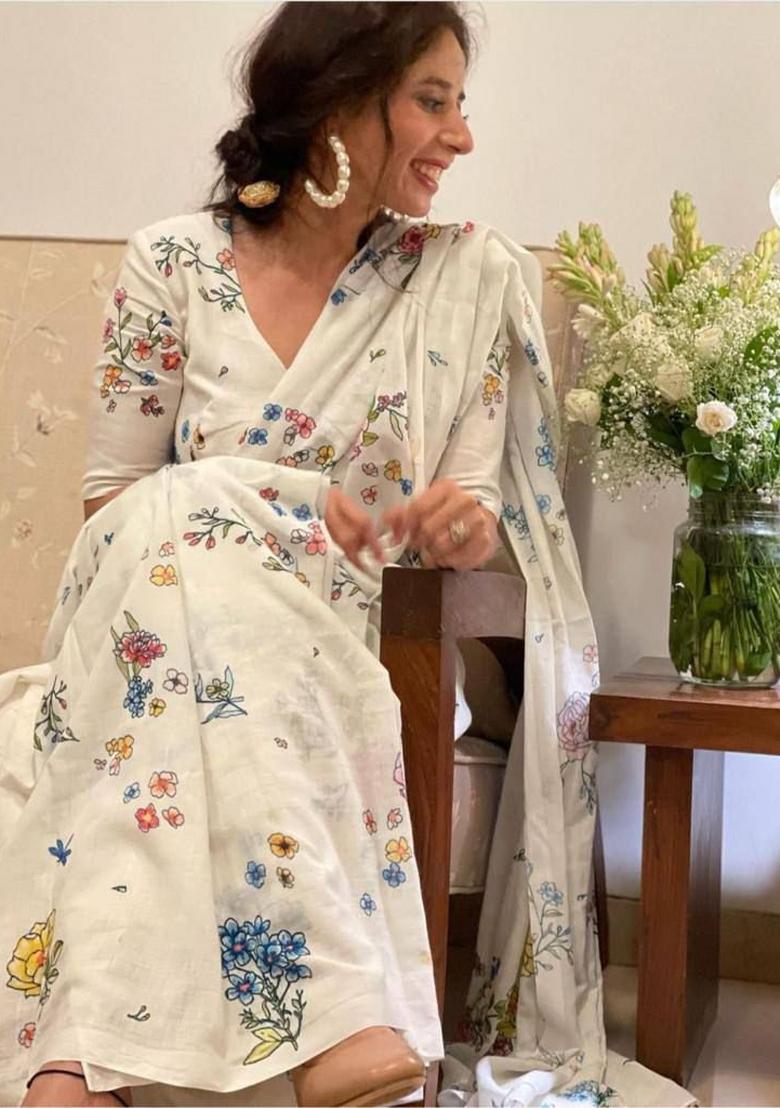 Beige Digital Print Cotton Linen Saree Set