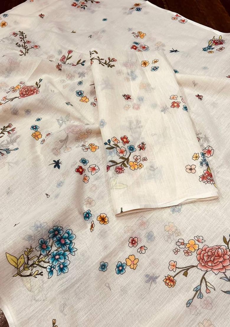 Beige Digital Print Cotton Linen Saree Set