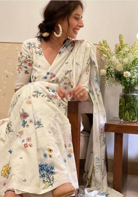 Beige Digital Print Cotton Linen Saree Set