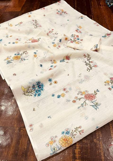 Beige Digital Print Cotton Linen Saree Set