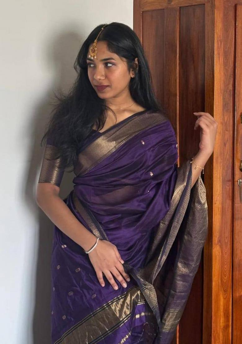 Blue Zari Woven Lilan Cotton Blend Saree Set