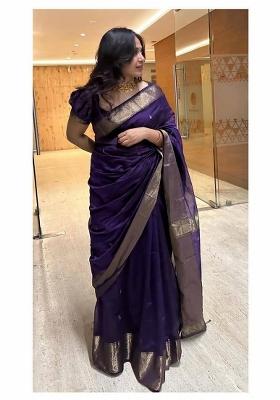 Blue Zari Woven Lilan Cotton Blend Saree Set