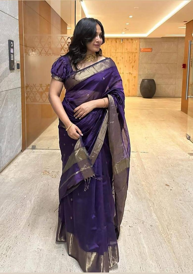 Blue Zari Woven Lilan Cotton Blend Saree Set