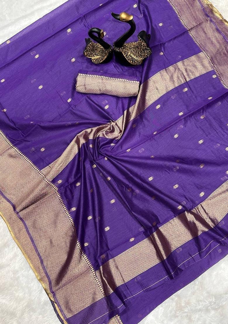 Blue Zari Woven Lilan Cotton Blend Saree Set