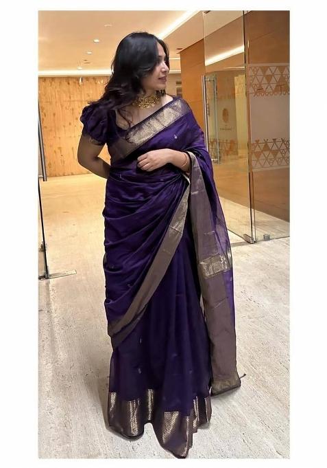 Blue Zari Woven Lilan Cotton Blend Saree Set