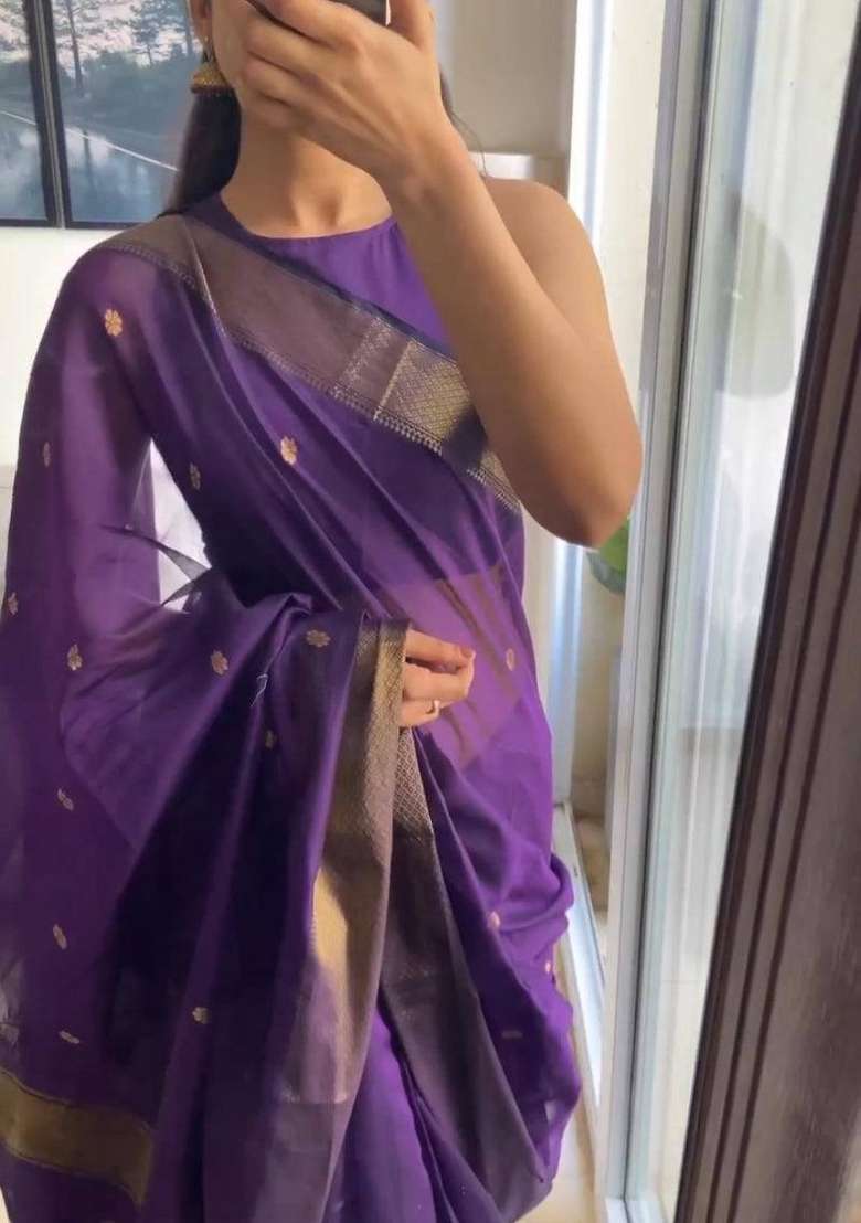 Blue Zari Woven Lilan Cotton Blend Saree Set for Diwali and Festive Wear - Indya