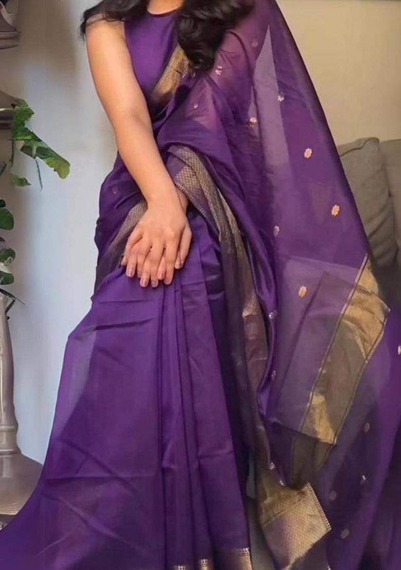 Blue Zari Woven Lilan Cotton Blend Saree Set