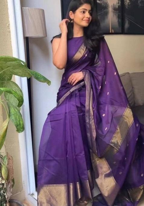 Blue Zari Woven Lilan Cotton Blend Saree Set