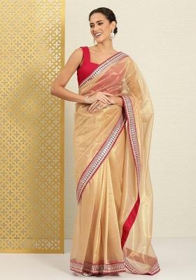 Beige Lace Border Organza Saree Set