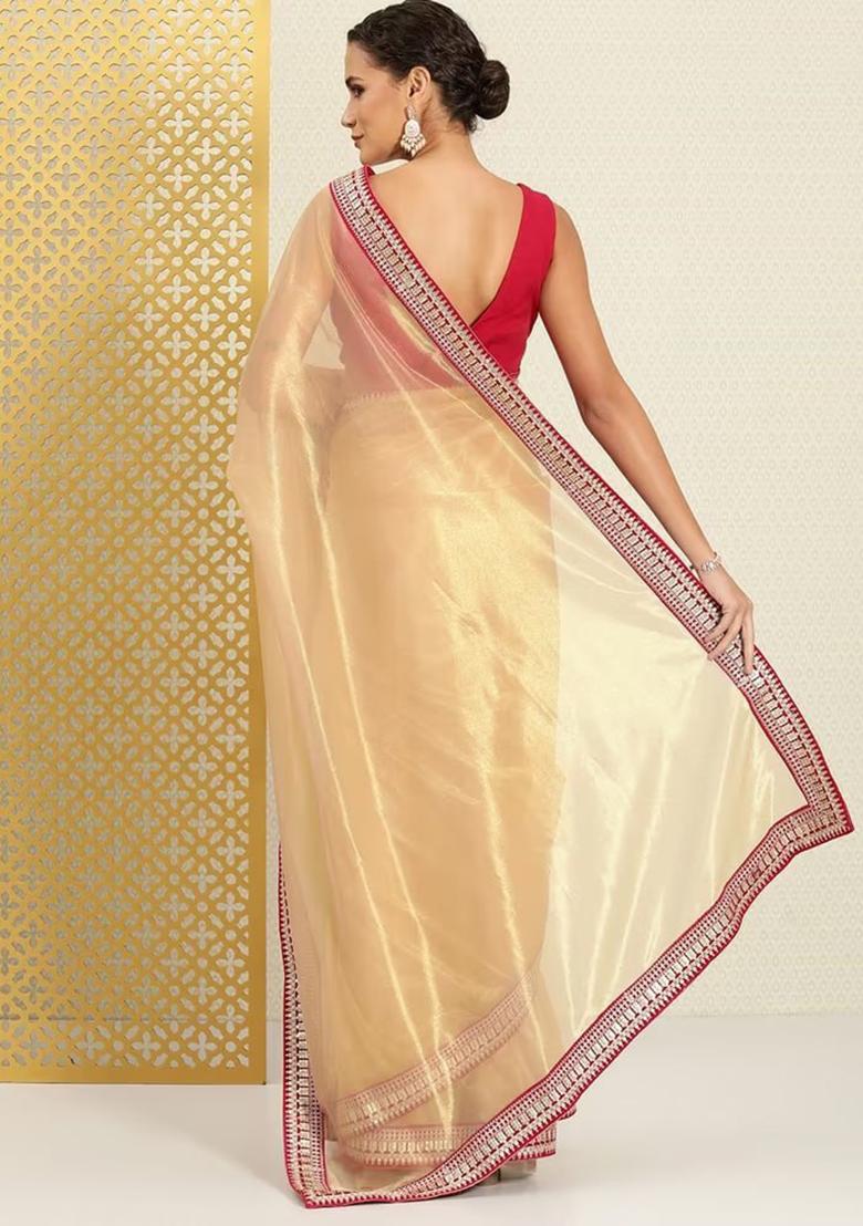 Beige Lace Border Organza Saree Set