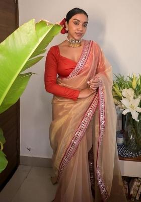 Chiku Brown Lace Border Organza Saree Set