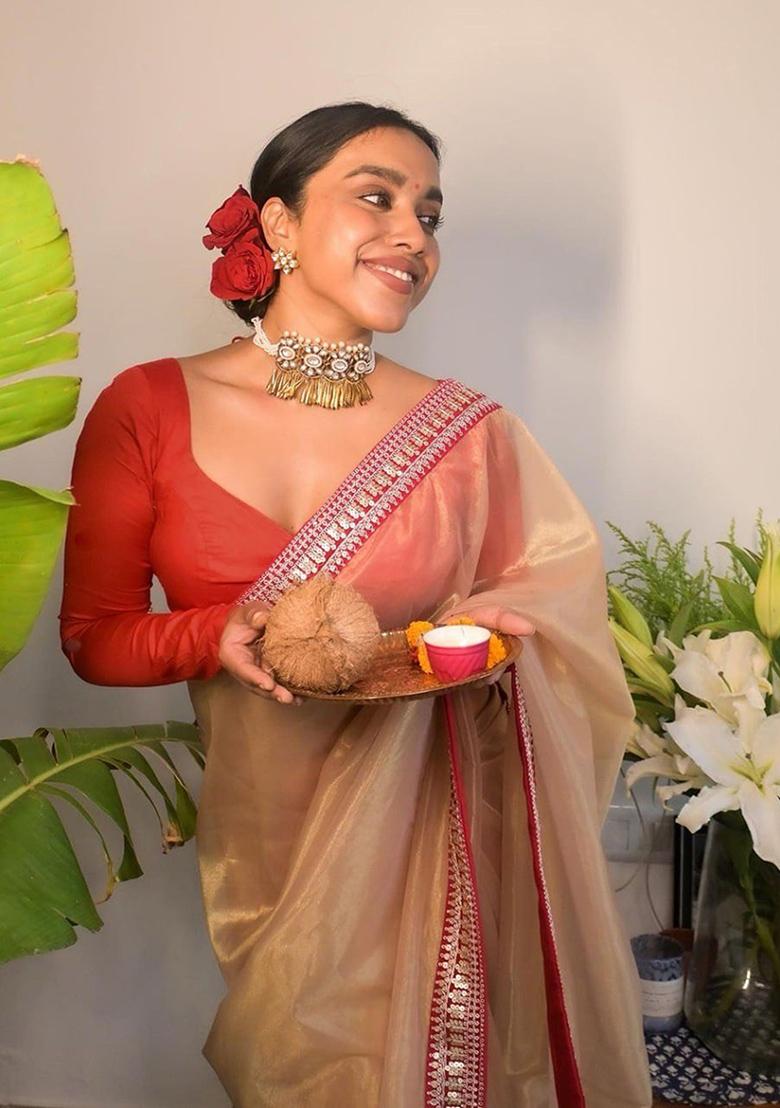 Chiku Brown Lace Border Organza Saree Set